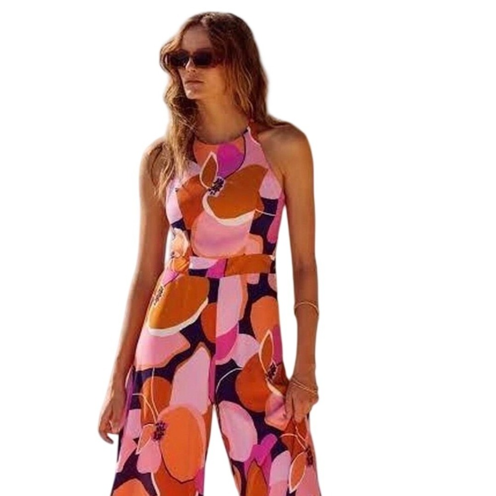 Mister Zimi Inka Jumpsuit Navy Poppy Floral Halter Wide Leg Pink Orange Size 8